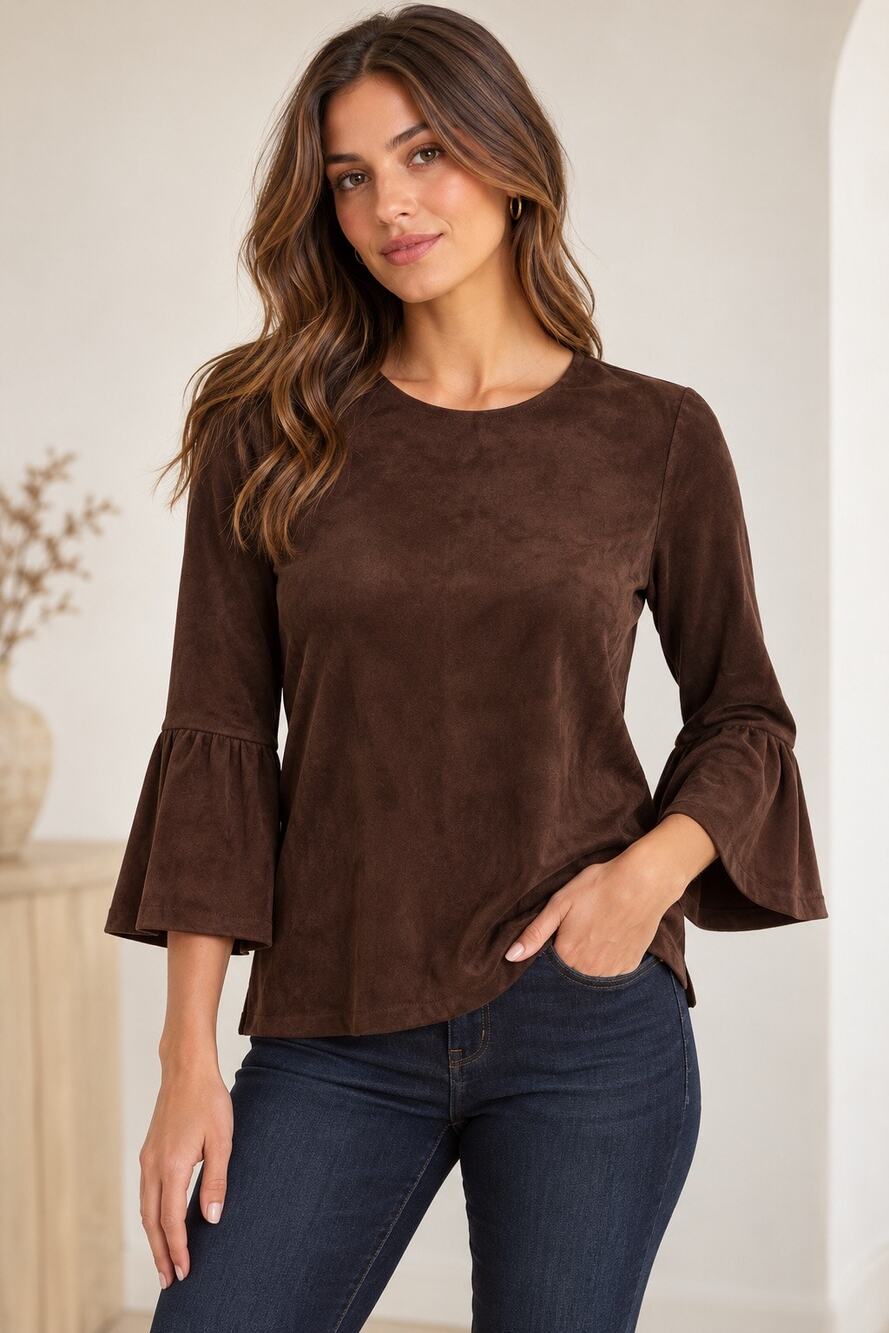 J. McLaughlin Keaton Faux Suede Top Womens Small Brown Bell Sleeve Keyhole Back